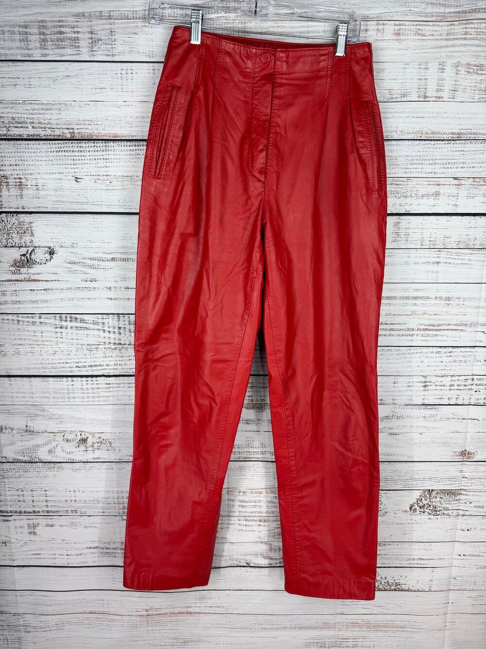 Vintage Red Leather Tapered Pants Retro Bold Hippie Size 26 Punk Rock Boho Y2K